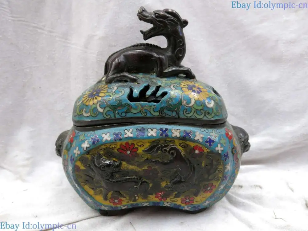 

8" China handmade bronze blue flower Cloisonne fine censer Kylin incense burner (D0426)