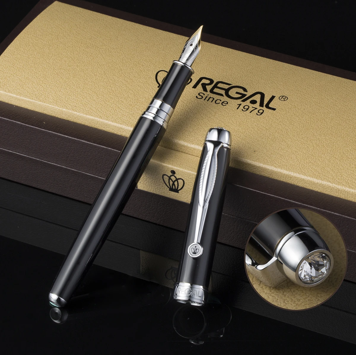 

Regal Man-made Diamond Clip Fountain Pen Germany Iridium Medium Nib, Noble Black Business Graduation Gift Pen