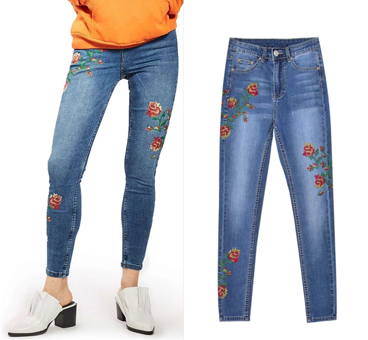 2017 European and American women's high waist elastic front and rear side of the cross embroidery roses washed cat to be cowboy pants pants pants (8)