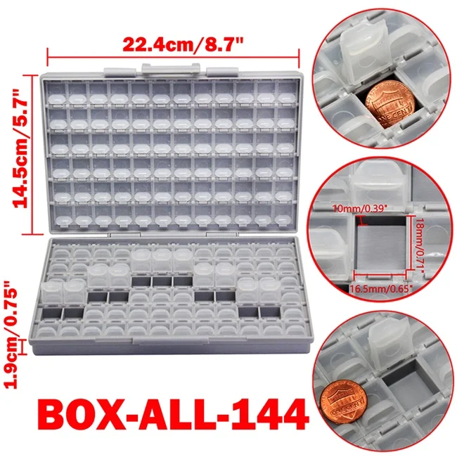 Aidetek smd коробка для хранения пластиковый чехол резисторы для поверхностного монтажа конденсаторы небольшой отсек крошечный Органайзер Ящик для инструментов STORAG - Цвет: BOX-ALL-144