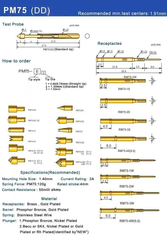 100 шт RM75-3W позолоченные пружинные Пробники с латунной трубкой Пружинные иглы тестовые платы общая длина иглы 35,8 мм