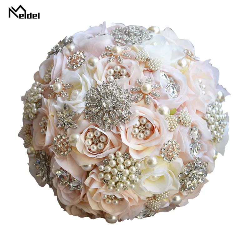 Meldel Bride Wedding Bouquet Bridesmaid Rose Posy Round Artificial Luxurious Silk Rose Bouquet Pink Crystal Pearl Wedding Flower