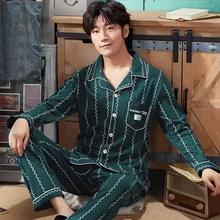 Осень хлопок Для мужчин пижамы кардиган пижамы установить Повседневное пижамы Мужская Пижама Ночные сорочки Pijamas 3XL домашняя одежда