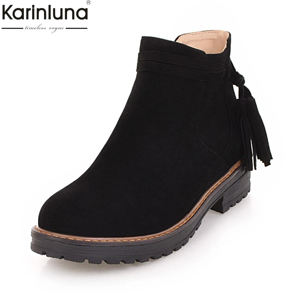 

KarinLuna 2018 Large Size 34-43 Dropship Fringe Zip Up Chunky Heels Ankle Boots Woman Add Fur Winter Shoes Woman Boots