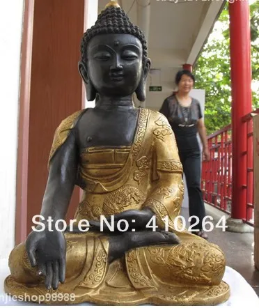 

Shipping H15" Tibet Buddhism Classic bronze gild dragon Sakyamuni Mark buddha statue
