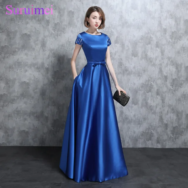 Real Photo Vintage Royal Blue Evening Dresses Short Sleees With Cap Bow