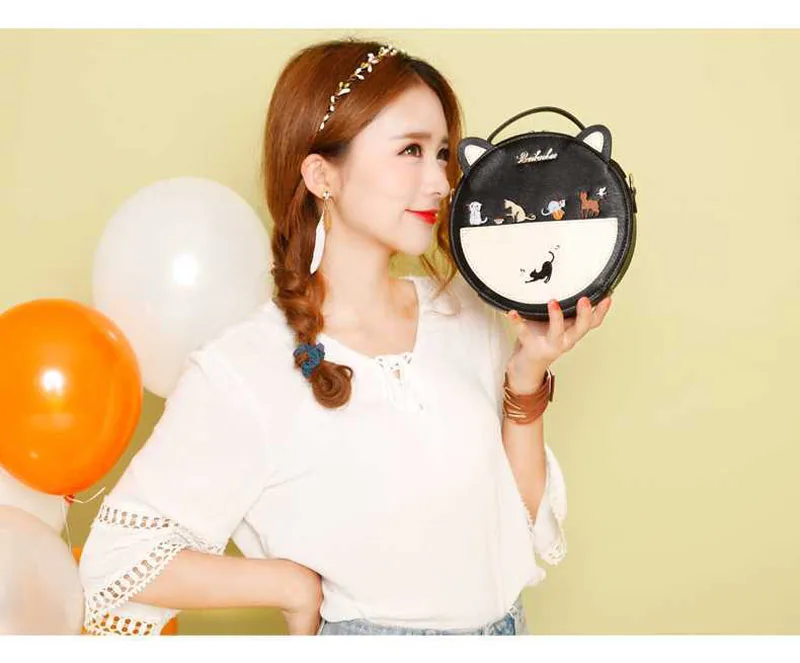 Cute Embroidery Cat Messenger Bag Women Small Circular Ears Crossbody Bags Teenage Girls Chain Shoulder Bag Mini Handbag XA25B