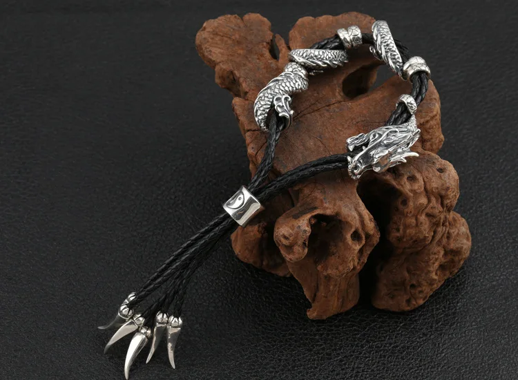 S925 стерлингового серебра Ретро тайский серебряный персональный властный грубая кожаная веревка выдвижной размер мужской браслет