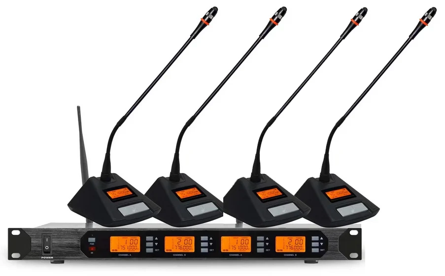 اللاسلكية مكبر صوت للمؤتمرات نظام UHF 4 * 100Ch المهنية معقوفة سطح المكتب ميكروفون رئيس مندوب ميكروفون ل اجتماع