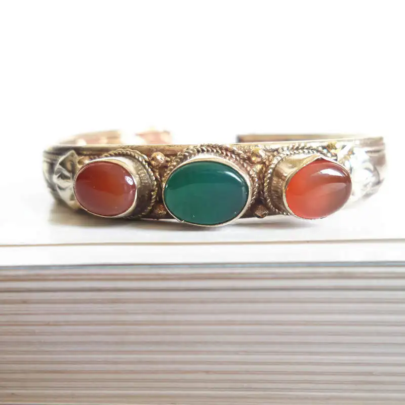 

BB-024 Indian Rose Copper Inlay Natural Red Green Carnelian Open Cuff Bangle for Girls 2018 Autumn