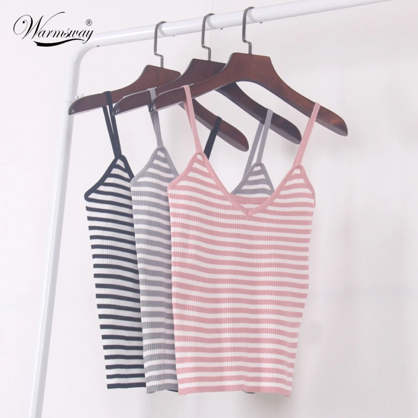 New 2018 Women Harajuku Sexy V neck Striped Bustier Casual Crop Top Tank Bralette Brandy Melville Knitted Camis A-027
