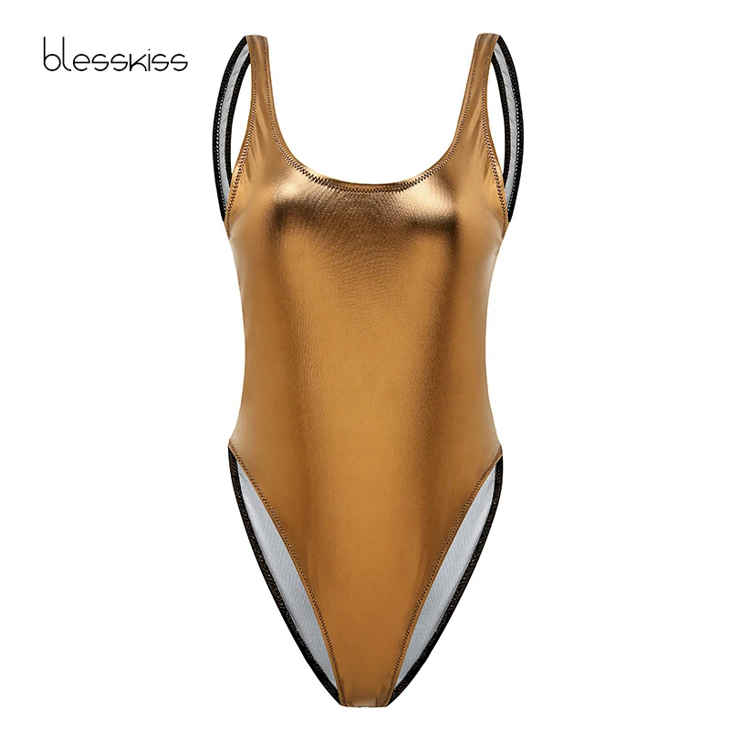 

Blesskiss New 2019 Shiny Thong One Piece Swimsuit Women Bathing Suit Sexy Striped Brazilian Swimwear Swimming Suit For Ladies