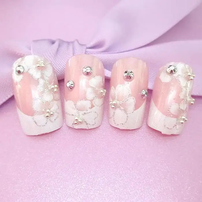 Новые женские модные накладные ногти с цветочным принтом, 3D циркониевые накладные Стразы для дизайна ногтей, блестящие стразы для невесты, свадебные накладные ногти с клеем