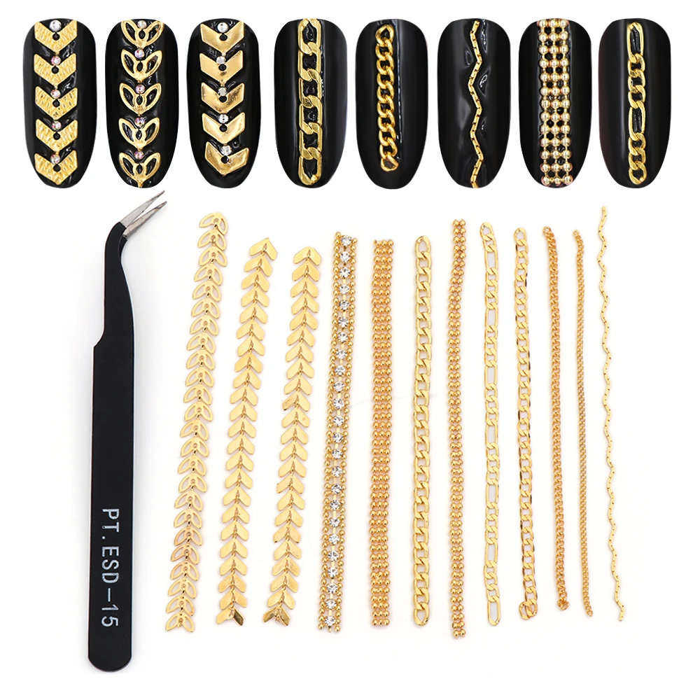 

2PCs 3D Gold Metal Nail Chain with Black Curved Tweezer Flat Shape Multi-size Snake Chain Bone DIY Manicure Nail Art Decorations