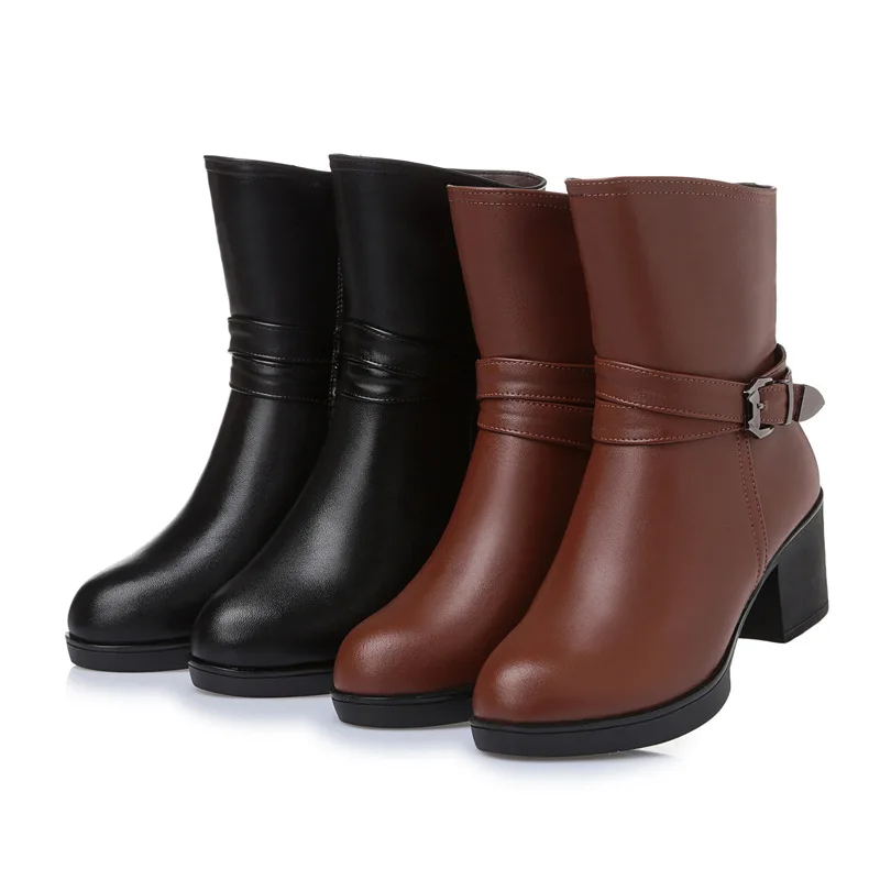 GKTINOO/новые женские зимние ботинки однотонные ботинки до середины икры на Высоком толстом каблуке из натуральной кожи женские теплые плюшевые ботинки Дамская обувь размера плюс