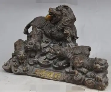 

S1272 11"chinese fengshui bronze animal 5 tiger wealth yuanbao money coin lucky statue