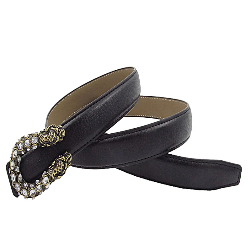 

Western Rhinestone Double Snake Head Buckle Black Thin Leather strap Women Jeans Dress Sweater skinny lady Belt