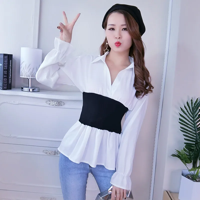 Spring Autumn Women White Blouse Tops Sexy V-Neck Patchwork Blouses Female Casual Long Sleeve Shirt Ruffles Office Shirts AB1233