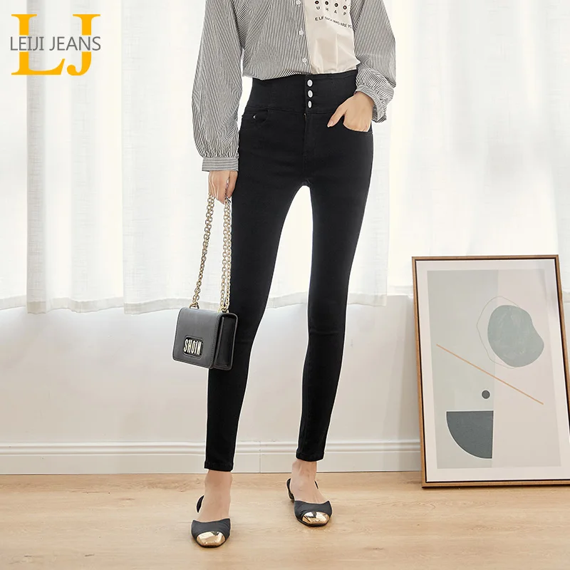 Женские узкие джинсы LEIJIJEANS, повседневные джинсы стрейч с высокой посадкой, на пуговицах, черные леггинсы больших размеров, весна-лето