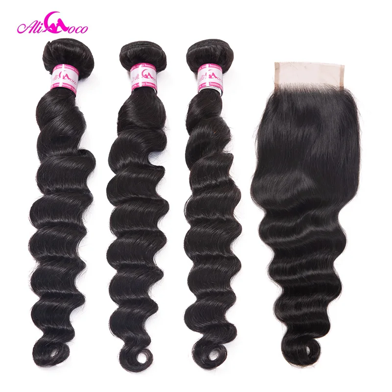 

Ali Coco Brazilian Loose Deep Wave Bundles With Closure 8-30 Inch 3 Bundles With Closure Human Hair Extensions Remy Hair Bundles