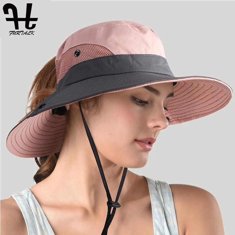FURTALK летняя Солнцезащитная шляпа для женщин шляпы в стиле сафари с широкими полями и защитой от ультрафиолета, Пляжная уличная Кепка с хвостиком, женская шапка