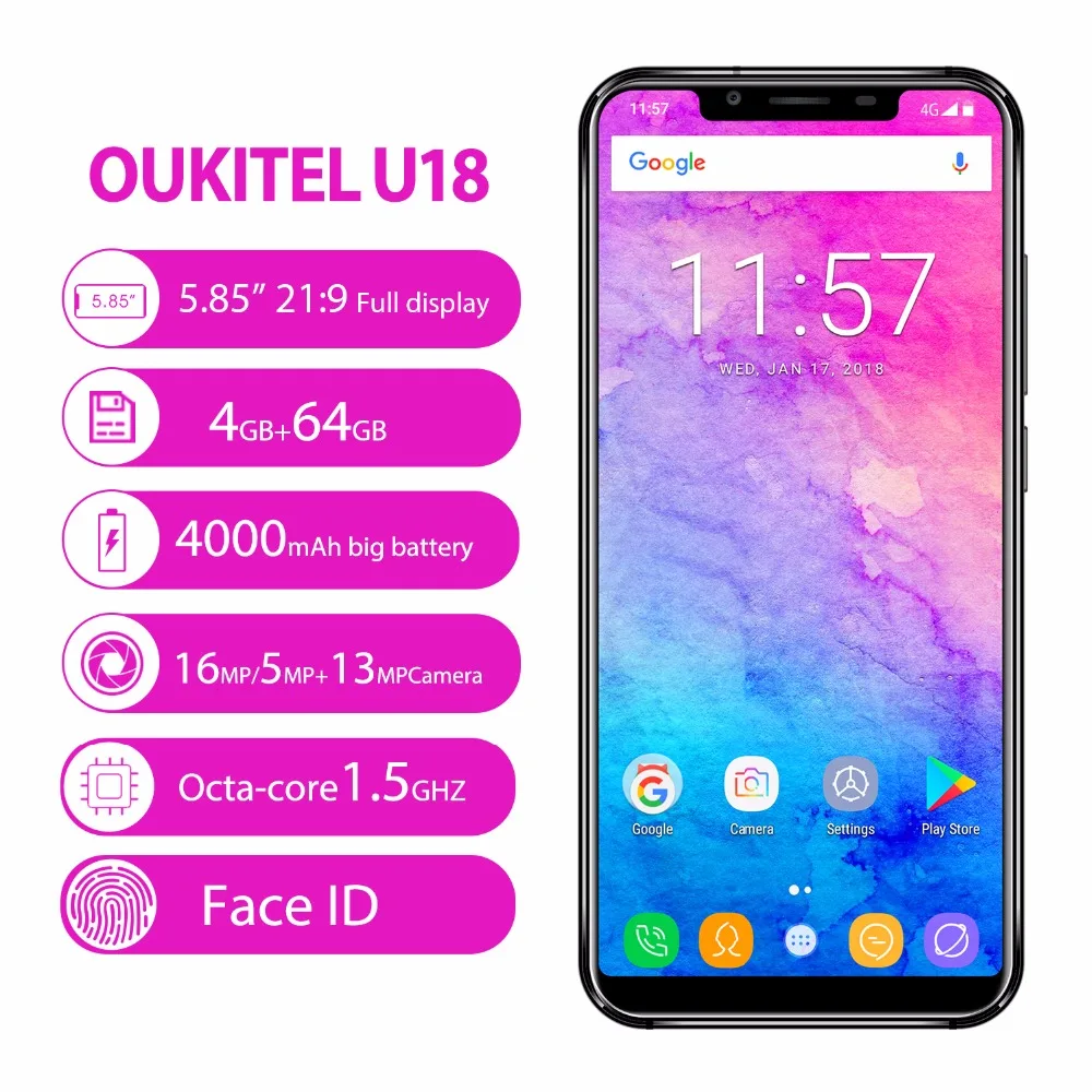 OUKITEL U18 5.85"21:9 Full screen Face ID Smartphone Android 7.0 MT6750T Octa Core 4GB 64GB 13MP Dual Cam 4000mAh mobile phone