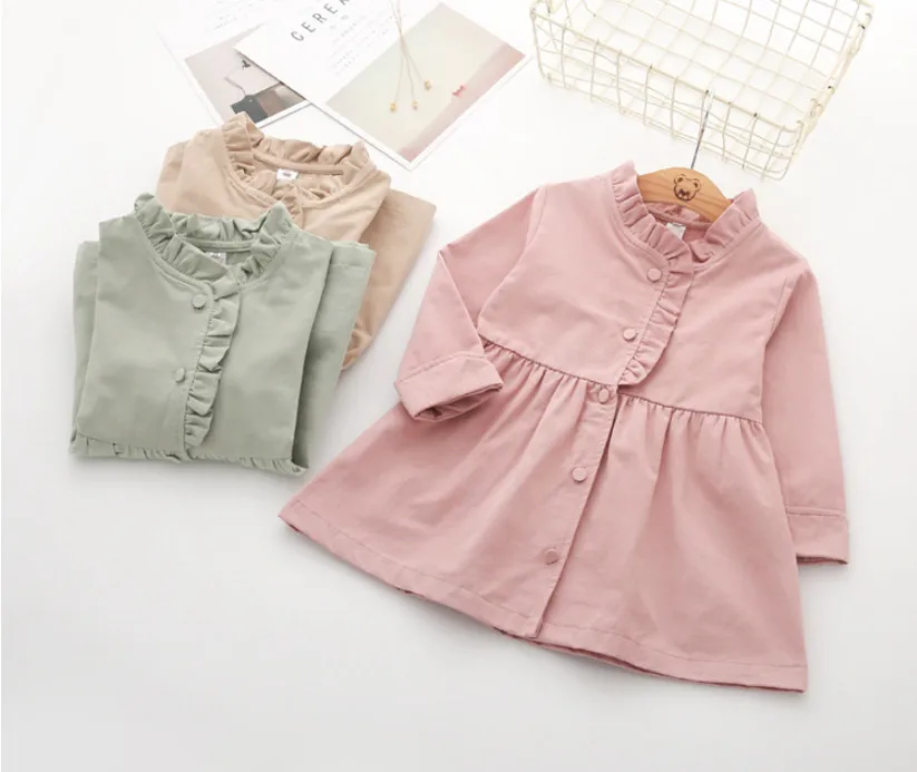 

New Girls Jackets For Autumn Spring Baby Kids Wooden Ear Collar Long Sleeve Trench Coats Long Sleeve Children Cardigan Jackets