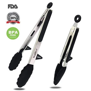 

WALFOS BPA Free Food Tongs with Silicone Tip and Stand, Premium Sturdy 12-inch and 9-inch Stainless-steel Locking Kitchen Tongs