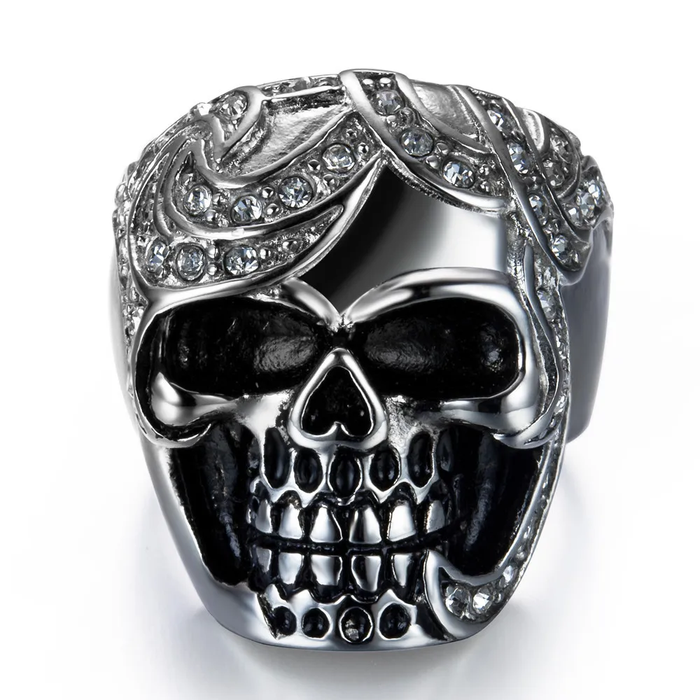 

Punk Gothic CZ Crystal Pave Titanium Stainless Steel Skeleton Skulls Rings Mens Hip Hop Rock Jewelry Size 7-14
