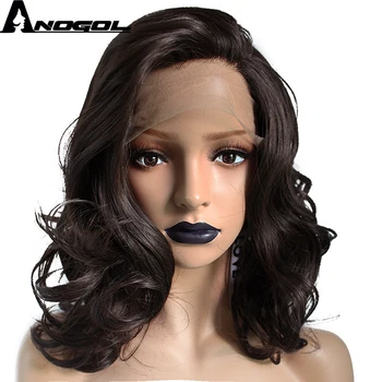

Anogol Free Part High Temperature Fiber Natural Short Body Wave Medium Length Dark Brown Synthetic Lace Front Wig For Women