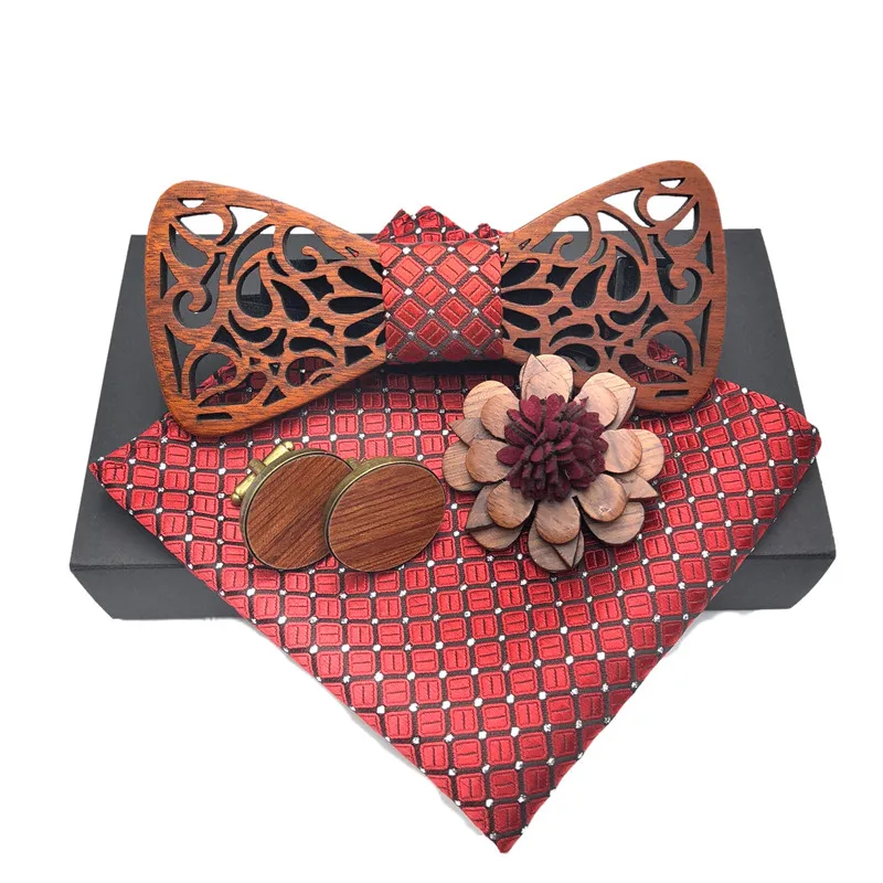  Wooden Bow Tie Handkerchief Set Men's Plaid Bowtie Wood Hollow carved cut Pocket square wooden Broo