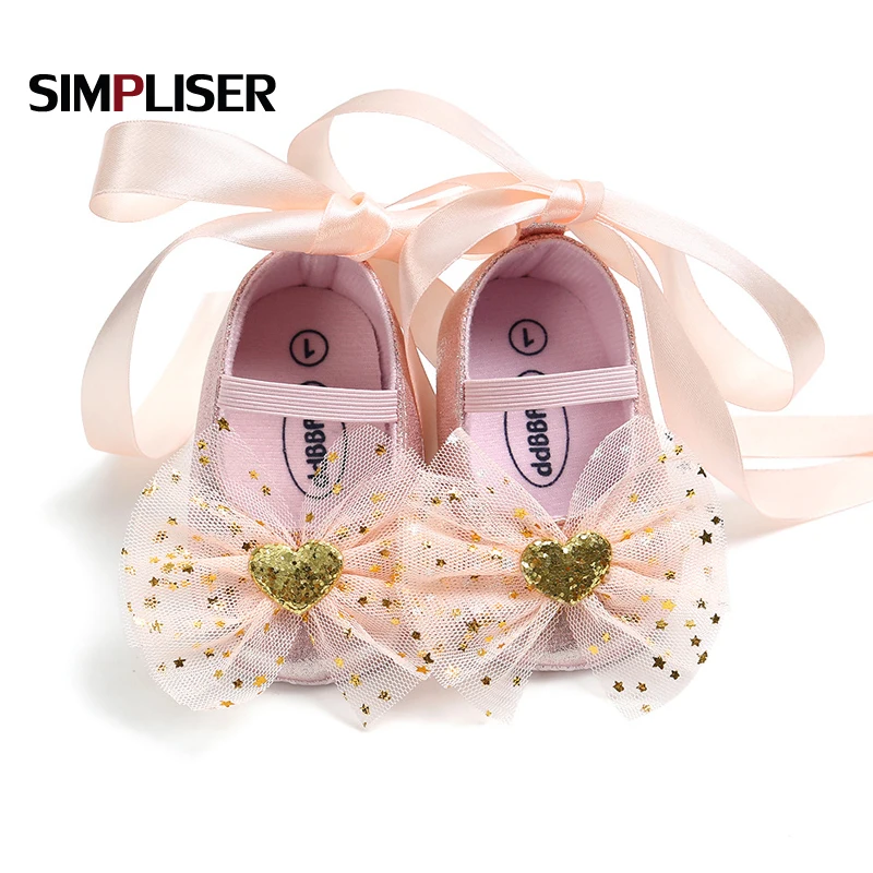 2018 New Bandage Newborn Baby Girls Dress Shoes Soft Crib Shoes Pink Gold First Walkers 0 18m