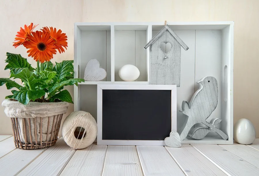 

Laeacco Gray Easter Backdrops For Photography Wooden Shelf Easter Eggs Wooden Floor Potted Flower Photo Backgrounds Photo Studio