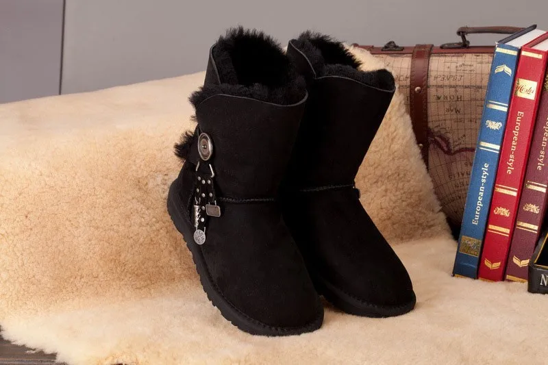 Брендовые женские зимние ботинки из овечьей кожи; шерсть; женские зимние ботинки в среднем стиле; ; женская обувь - Цвет: Черный