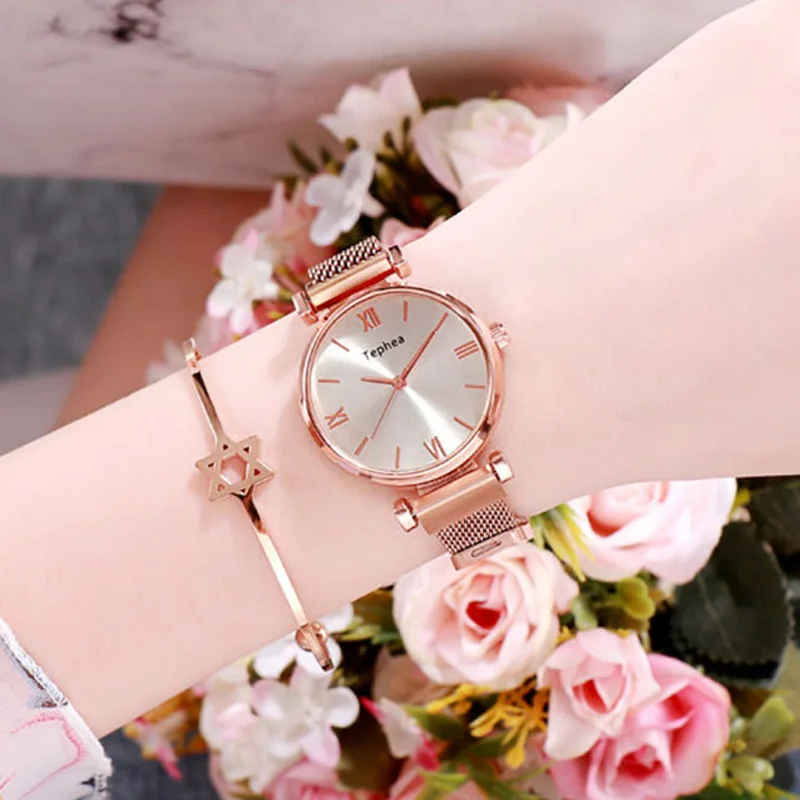 

Women Quartz Wristwatches Minimalist Style Watches For Ladies Crystal Dress Watch Rose Gold Magnetic Mesh Waterproof Clock Gift