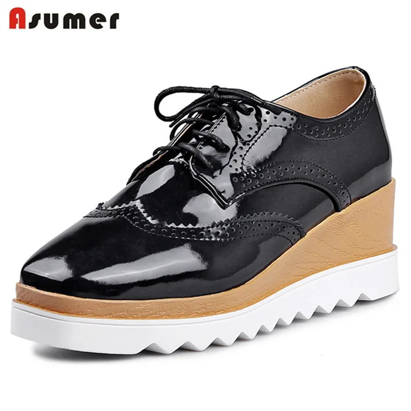 

Asumer 2018 Hot sale single shoes four seasons lace-up wedges shoes 5cm square toe PU patent leather women pumps fashion