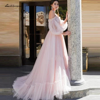 

Lakshmigown Floral Pink Wedding Dress A Line 2019 Elegant Long Sleeve Bridal Dresses Off Shoulder Gelinlik Tulle Wedding Gown