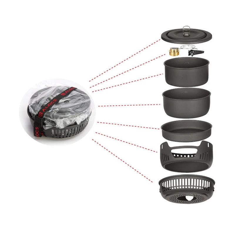 Alocs 2-4 persona 10 unids/set cocina Pot Pan Cookware que acampa al aire libre ollas establece con estufa de Alcohol paquete CW-C05