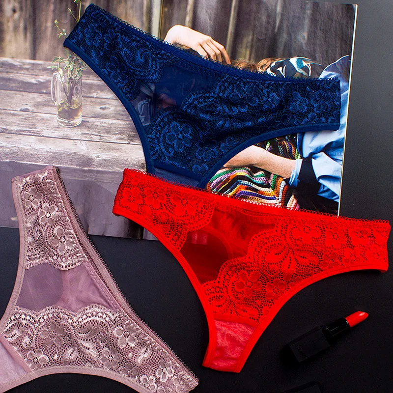 

Sexy Women G-string Thongs Lace Floral Sheer Low Waist Underwear Soft Lingerie Ice Silk Briefs Seamless Panties