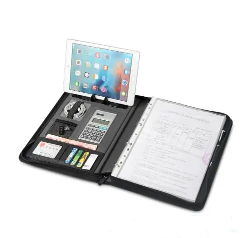 

Business pu leather file folder A4 manager bag for documents padfolio with zipper ring binder ipad cellphone stand holder 316B