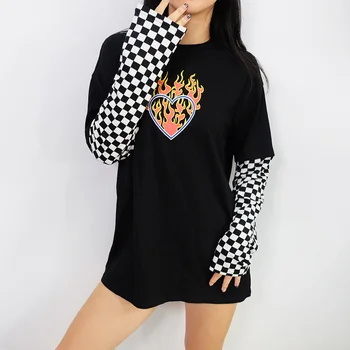 

Women Plaid Patchwork Long Sleeve Flaming Heart Print Sweatshirt 2017 Autumn Winter Black Checkboard Pullover Harajuku Shirt