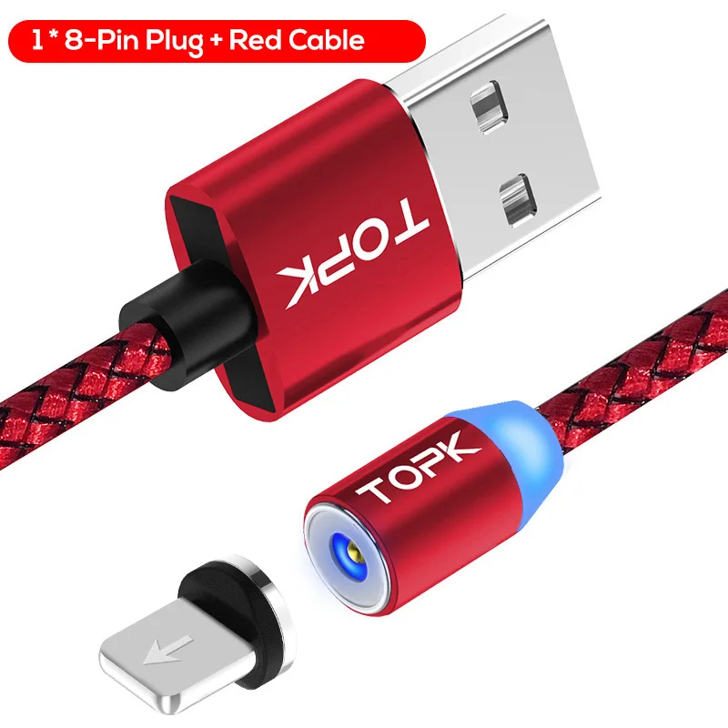 TOPK RLine1 светодиодный магнитный usb-кабель, 1 м и 2 м Магнитный USB type-C кабель и Micro usb кабель и USB кабель для iPhone X 8 7 6 Plus - Цвет: 8-Pin Cable Red