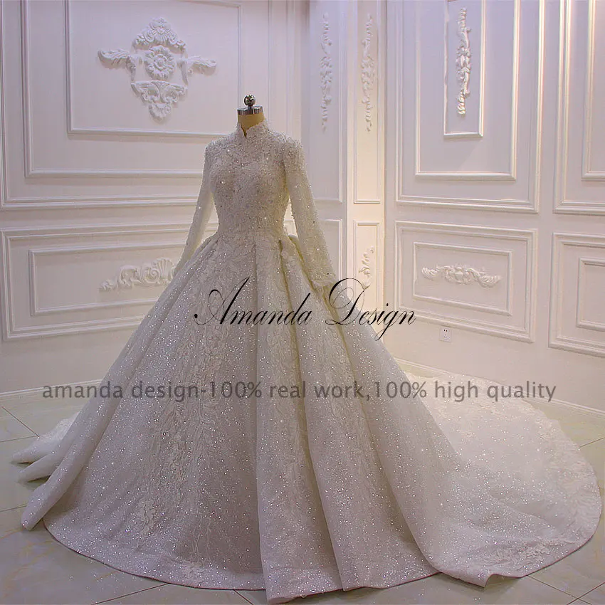Аманда дизайн свадебное платье с высоким воротом с длинным рукавом кружева бусины роскошное свадебное платье мусульманское