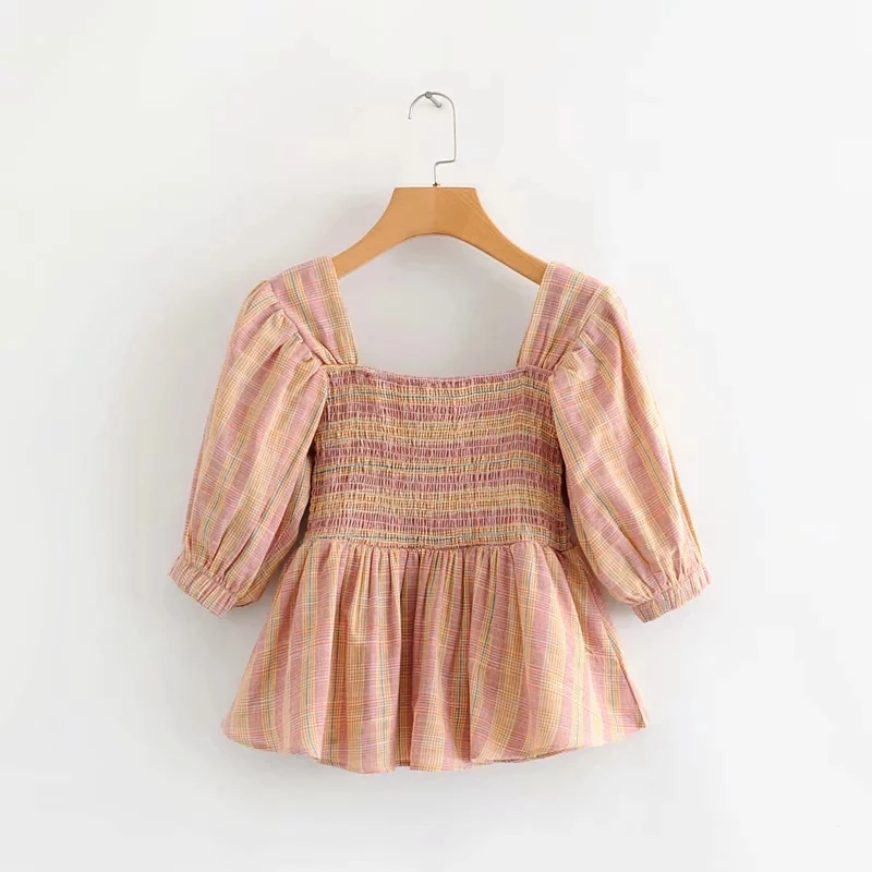 

Fashion Women Lantern Sleeve Square Collar Plaid Blouse Leisure Female Elastic Shirt 2019 Summer Lady Tops S5872