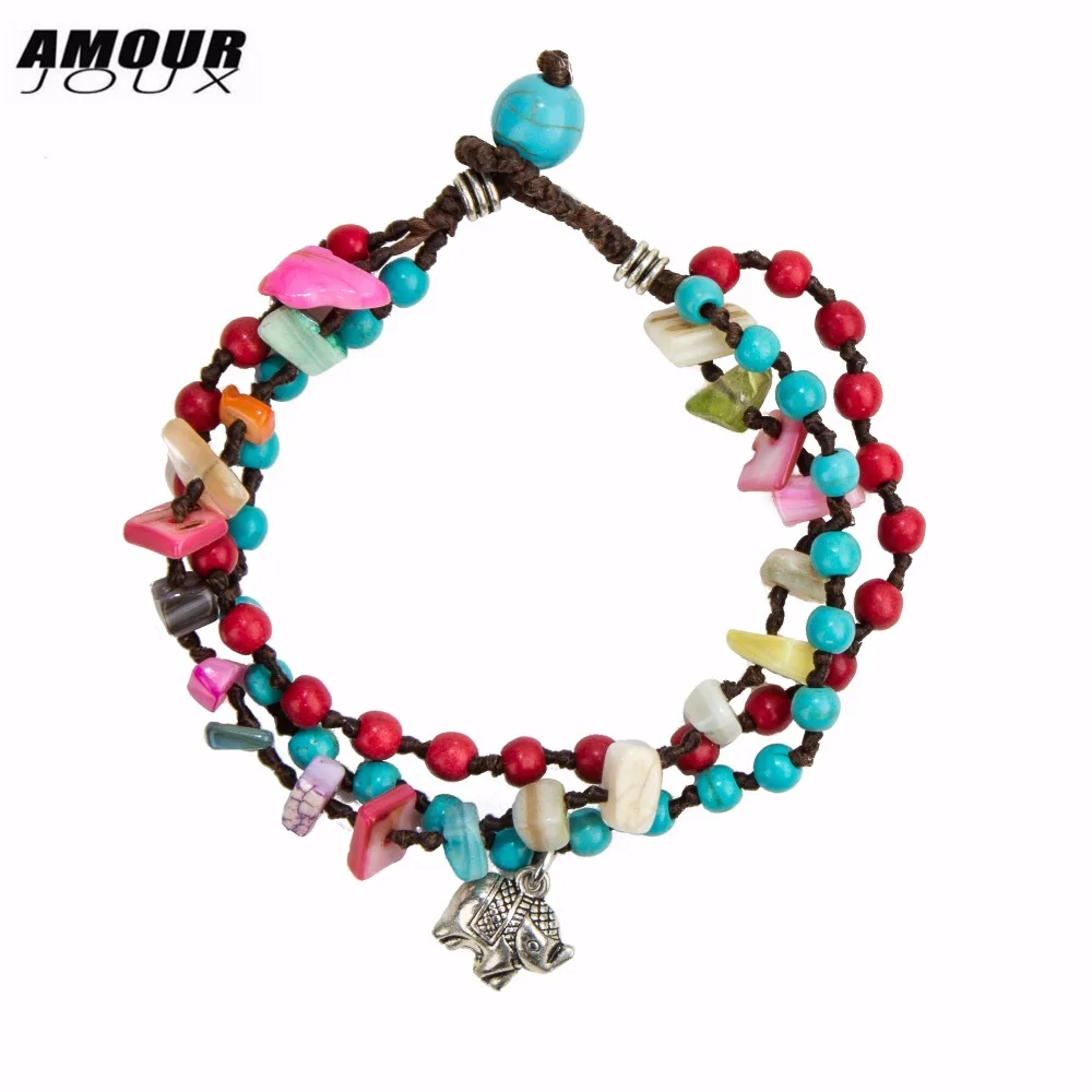 

AMOURJOUX Handmade Retro Red Green Stones Beaded Chain Colorful Stone Elephant Charm Bracelet Sting Bracelets For Women