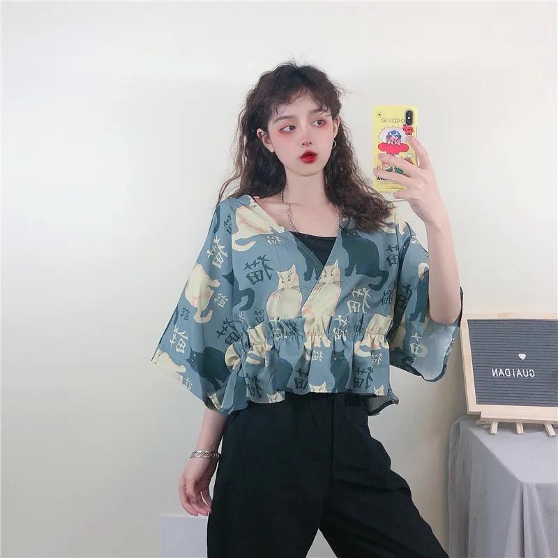 

Summer Women's Shirts Japan Ulzzang Lovely Casual Loose Retro Cat Shirt Female Sweet Ins Chic Top For Women Lady Tunic Tee