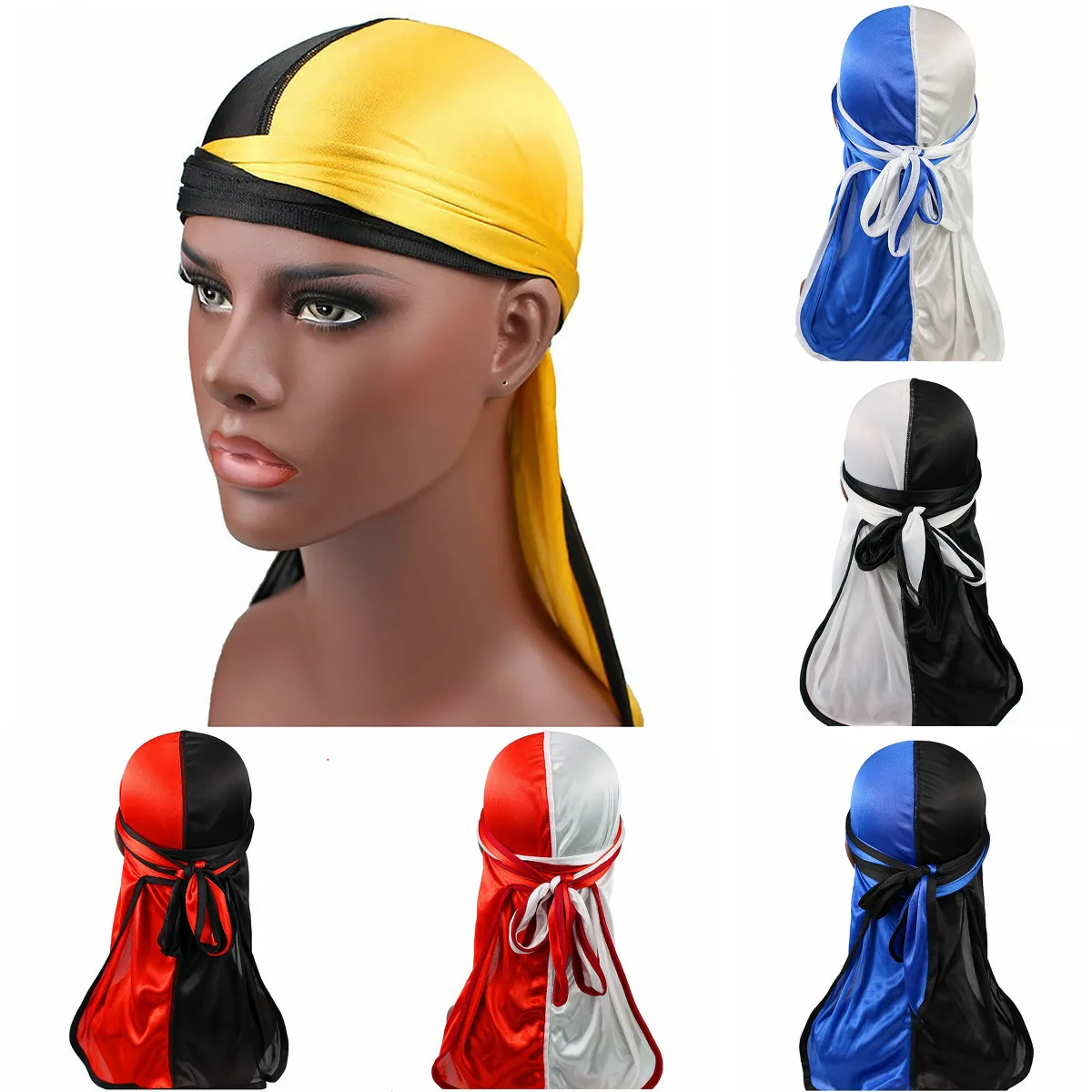 헤어 액세서리 Knotted Bandana Headband Durags 남성용 여성용 소프트 실크 더블 컬러 패치 워크