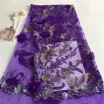 

3d lace fabric for wedding dresses 5yards/lot 3d flower fabric 2019 high quality african lace fabric purple with Beads