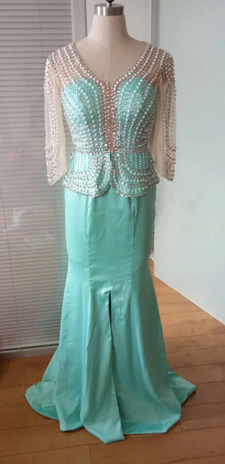 2016 Evening Dresses V Neck Mint Green Satin Long Crystal ...