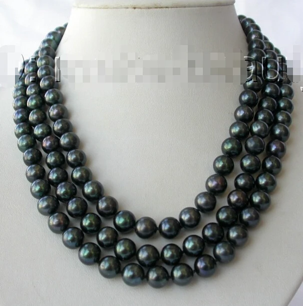 

>>>>stunning 3rows 10mm round black freshwater cultured pearl necklace h115